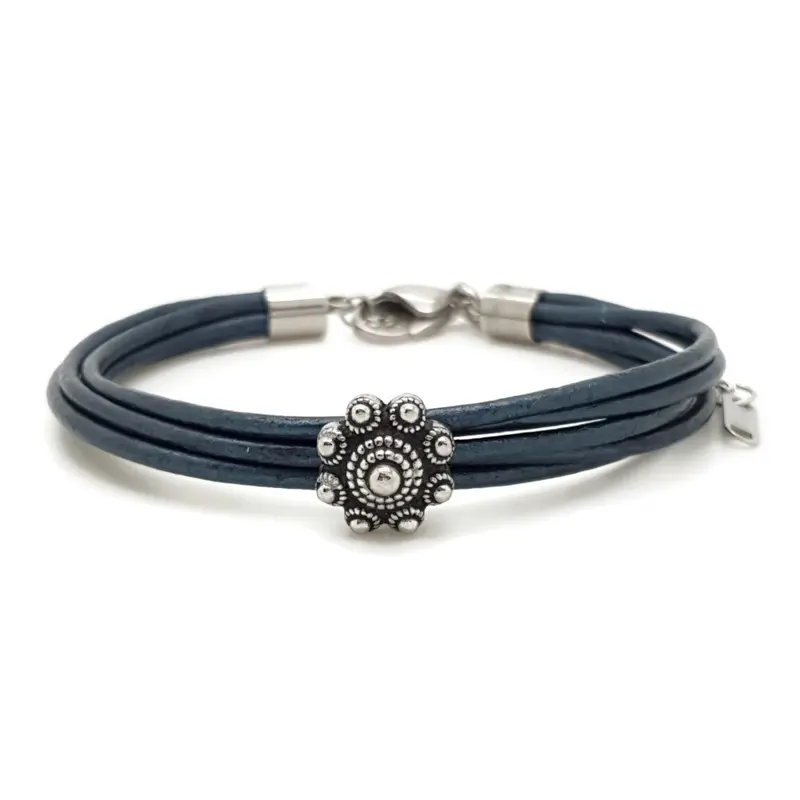 RVS Zeeuwse knop armband - Blauw metallic leer