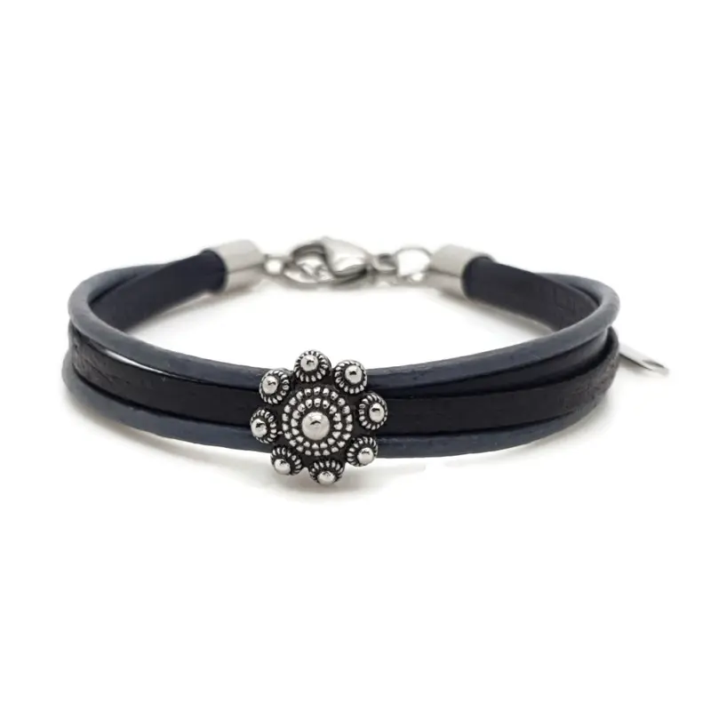 RVS Zeeuwse knop armband - Blauw zwart leer