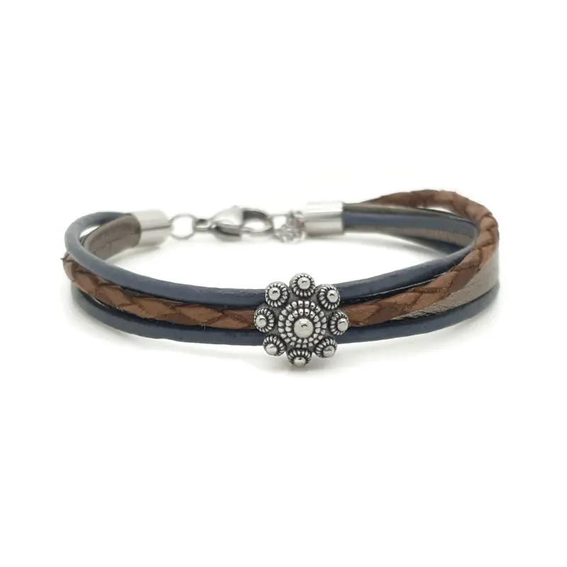 RVS Zeeuwse knop armband - Bruin en blauw leer