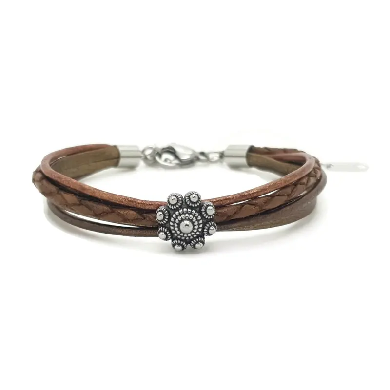 RVS Zeeuwse knop armband - Bruin en koper leer