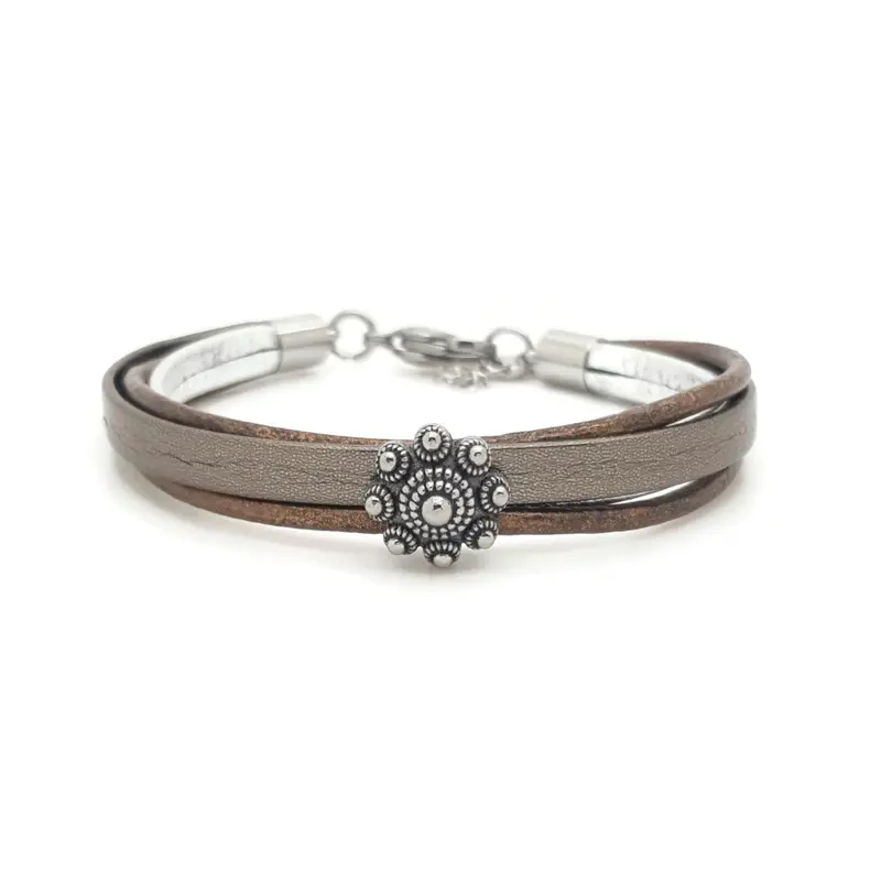 RVS Zeeuwse knop armband - Bruin en zilver leer