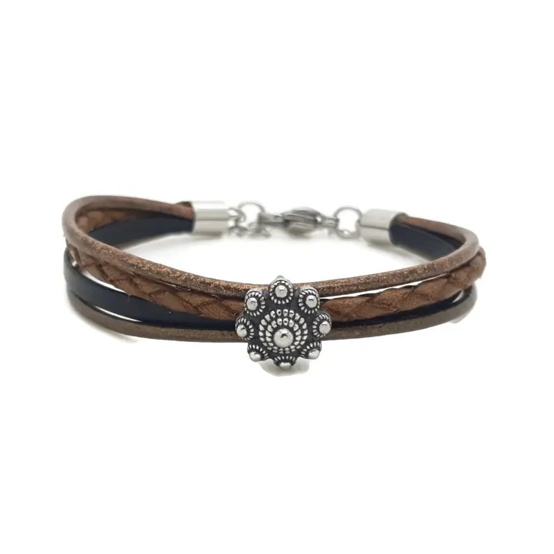 RVS Zeeuwse knop armband - Bruin en zwart leer