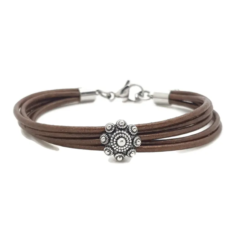 RVS Zeeuwse knop armband - Bruin metallic leer