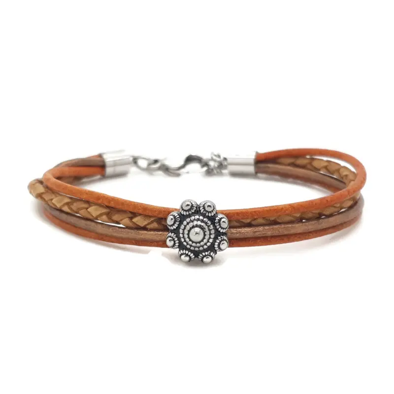 RVS Zeeuwse knop armband - Camel, oranje en koper leer