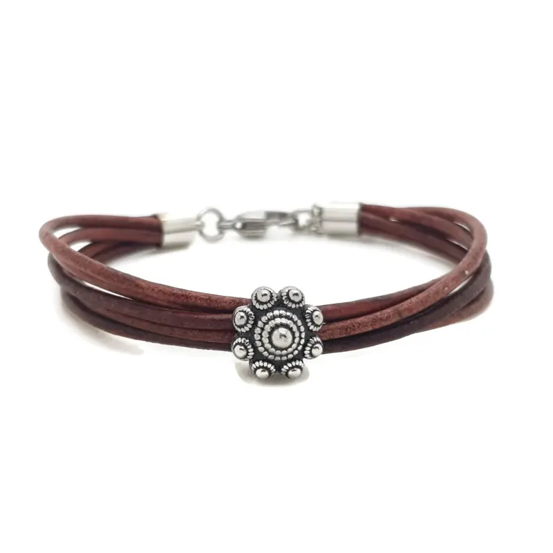 RVS Zeeuwse knop armband - Donker cognac leer