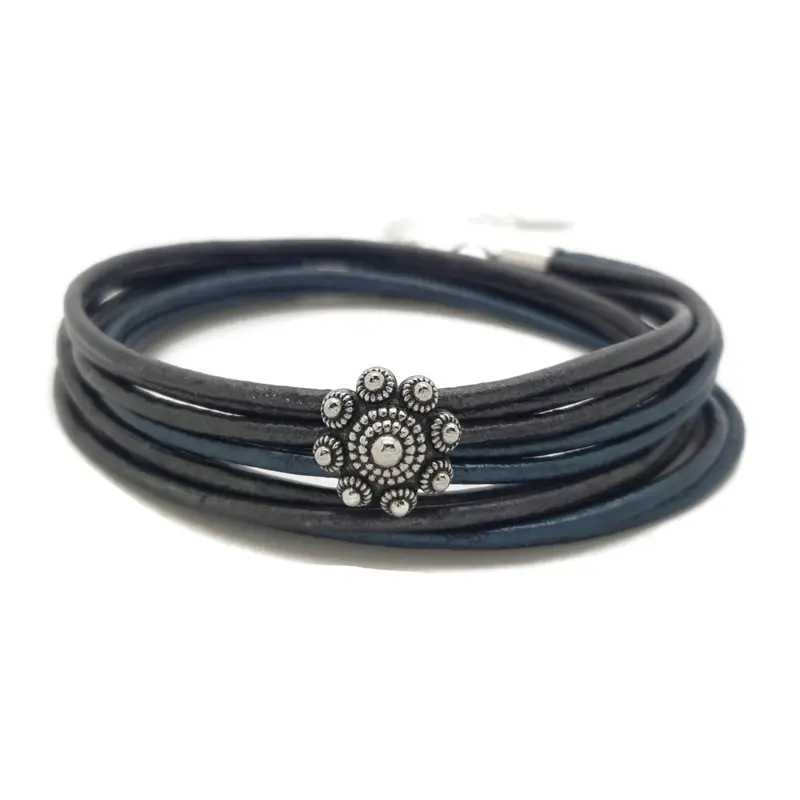 RVS Zeeuwse knop armband dubbel - Blauw en grijs metallic leer