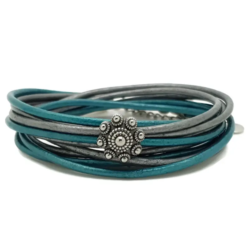 RVS Zeeuwse knop armband dubbel - Blauw groen en grijs metallic leer