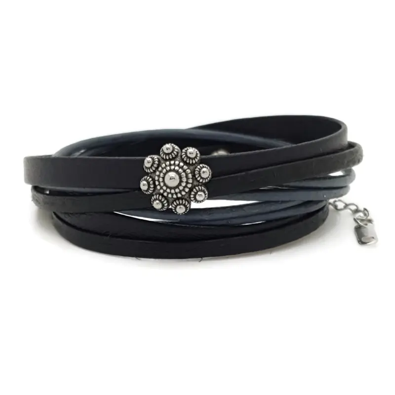 RVS Zeeuwse knop armband dubbel- Blauw zwart leer