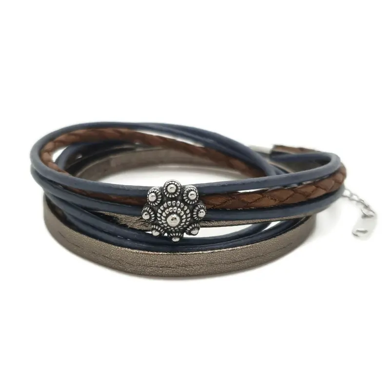 RVS Zeeuwse knop armband dubbel - Bruin en blauw leer