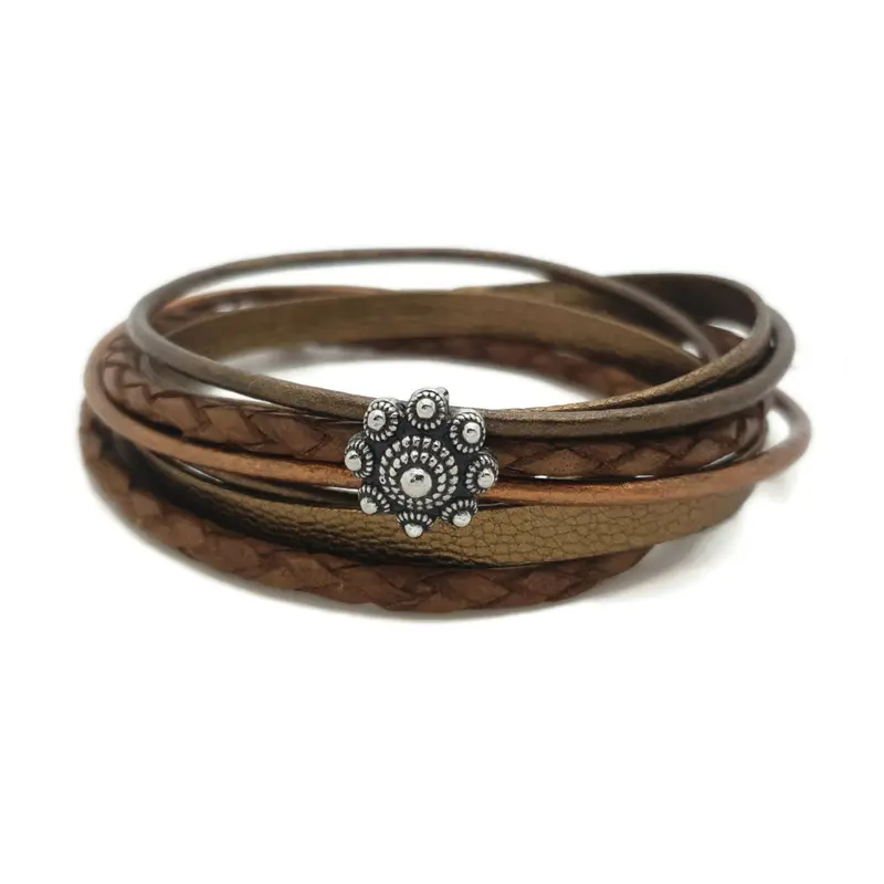 RVS Zeeuwse knop armband dubbel- Bruin en koper leer