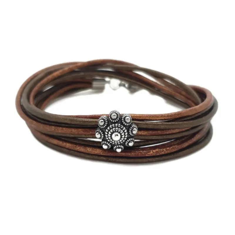 RVS Zeeuwse knop armband dubbel - Bruin en koper metallic leer