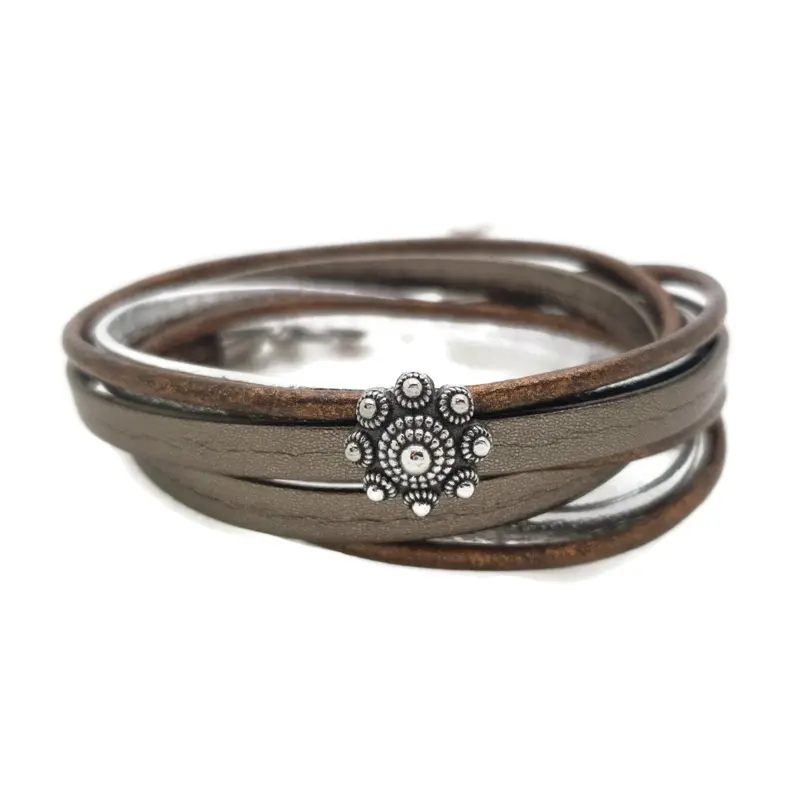 RVS Zeeuwse knop armband dubbel- Bruin en zilver leer
