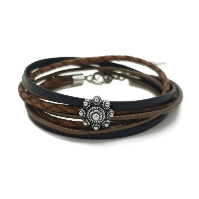 RVS Zeeuwse knop armband dubbel - Bruin en zwart leer