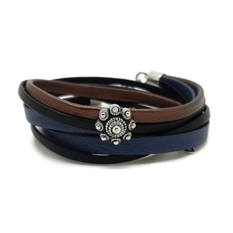 RVS Zeeuwse knop armband dubbel - Bruin zwart en blauw leer