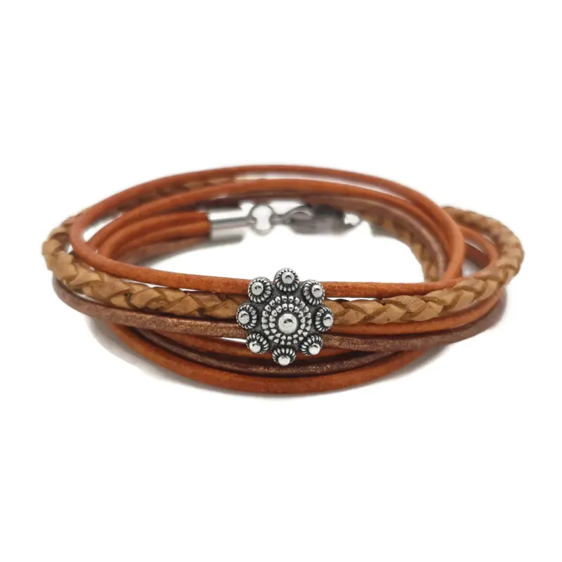 RVS Zeeuwse knop armband dubbel - Camel, oranje en koper leer