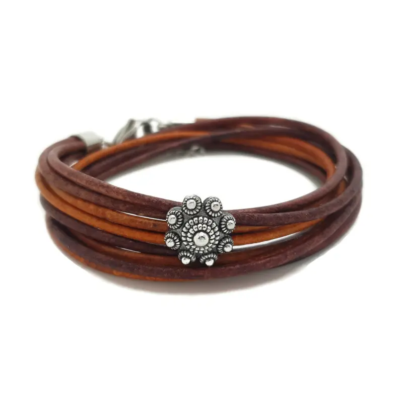RVS Zeeuwse knop armband dubbel - Donker cognac en vintage oranje leer