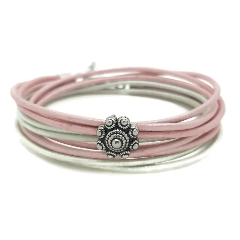RVS Zeeuwse knop armband dubbel - Mint en roze metallic leer