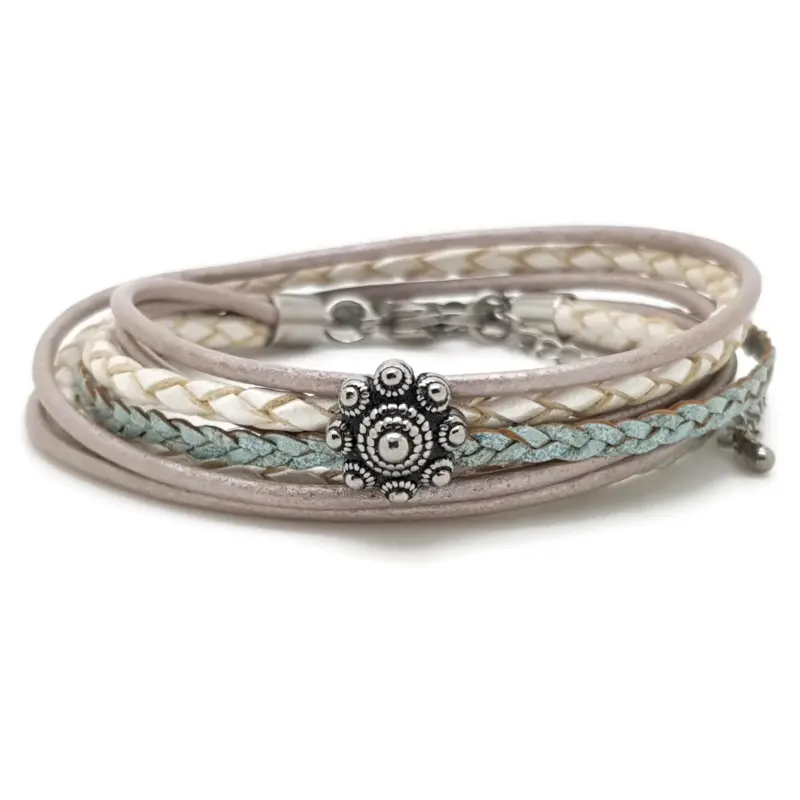 RVS Zeeuwse knop armband dubbel - Pastel blauw leer