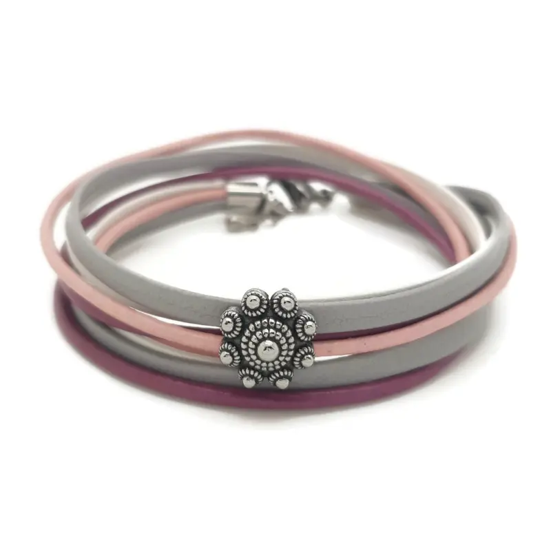 RVS Zeeuwse knop armband dubbel - Roze, grijs en wit leer