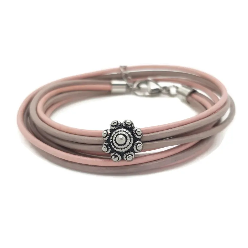 RVS Zeeuwse knop armband dubbel - Taupe en roze leer