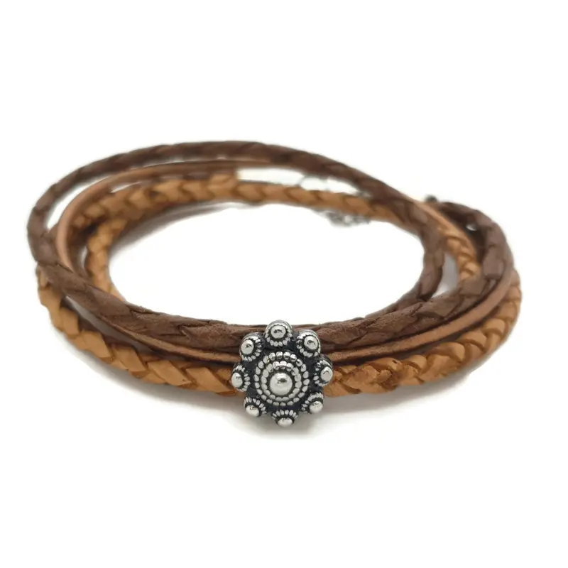 RVS Zeeuwse knop armband dubbel- Triple bruin leer