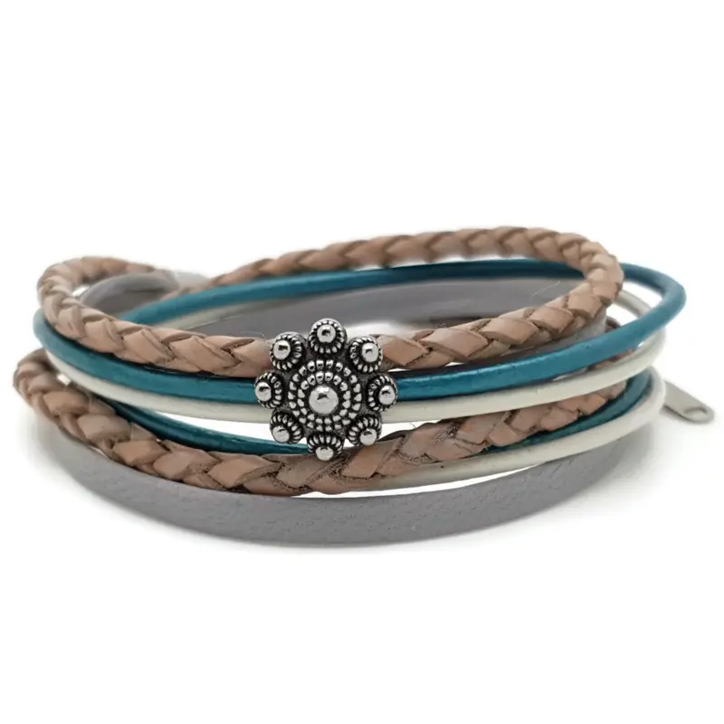 RVS Zeeuwse knop armband dubbel - Turquoise bruin grijs leer