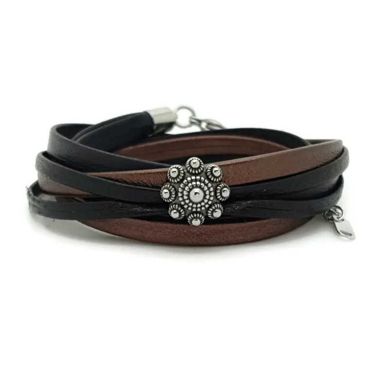RVS Zeeuwse knop armband dubbel - Zwart bruin en blauw leer