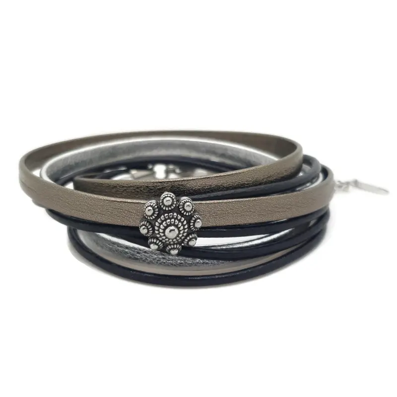 RVS Zeeuwse knop armband dubbel- Zwart, zilver en platinum leer