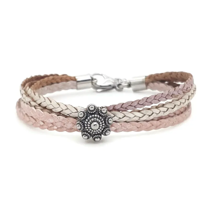 RVS Zeeuwse knop armband - Gevlochten pastel leer