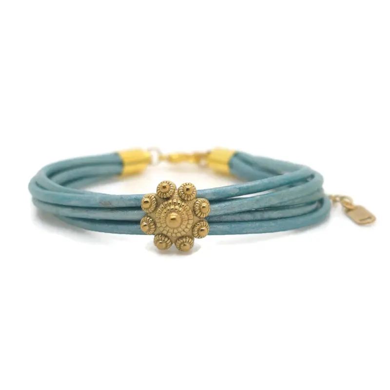 RVS Zeeuwse knop armband goud - Mint metallic leer