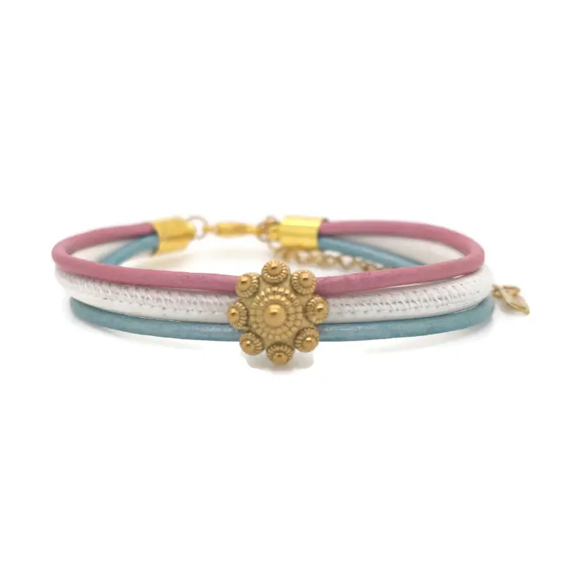 RVS Zeeuwse knop armband goud - Roze wit mint leer