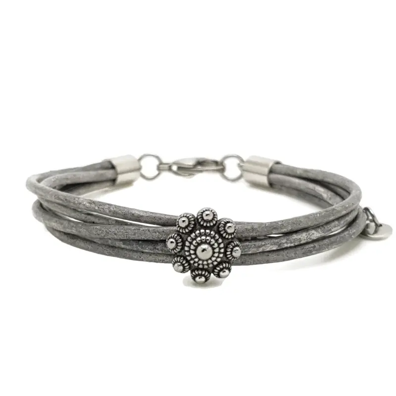 RVS Zeeuwse knop armband - Grijs bewerkt leer