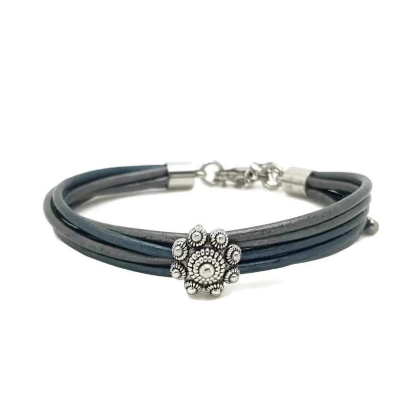 RVS Zeeuwse knop armband - Grijs en blauw metallic leer