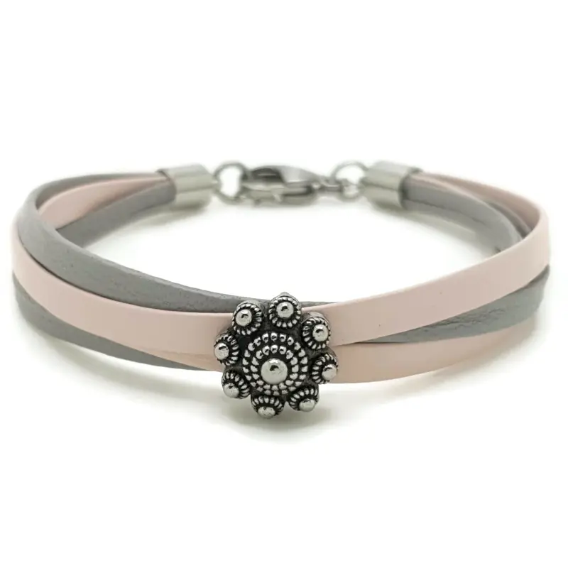 RVS Zeeuwse knop armband - Grijs roze leer