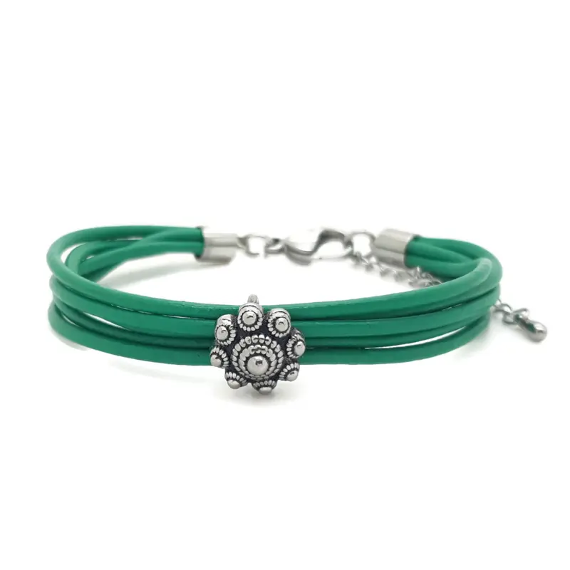 RVS Zeeuwse knop armband - Groen leer