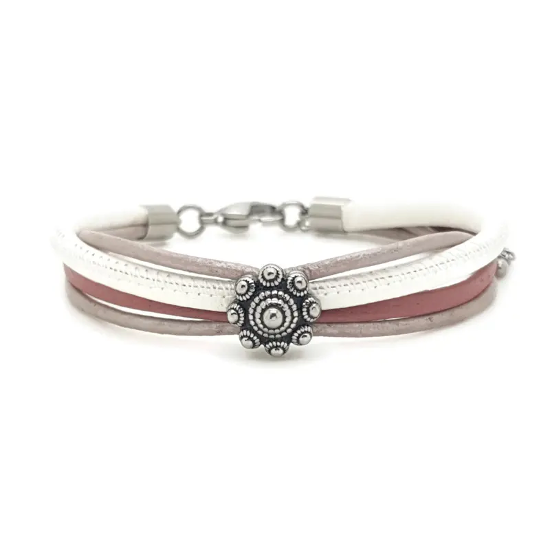 RVS Zeeuwse knop armband - Hard roze leer