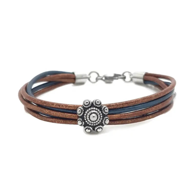 RVS Zeeuwse knop armband - Koper en blauw metallic leer