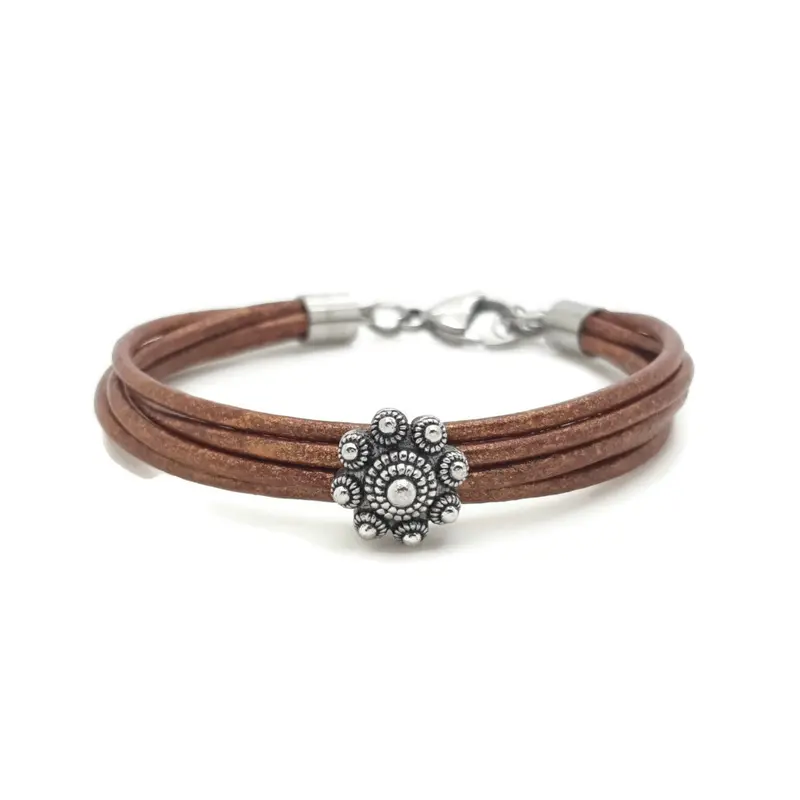 RVS Zeeuwse knop armband - Koper metallic leer