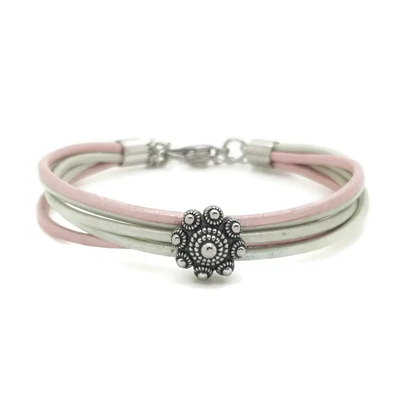 RVS Zeeuwse knop armband - Mint groen en roze metallic leer