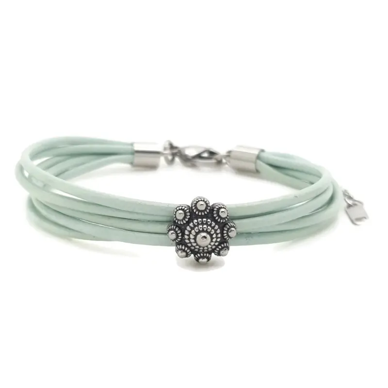 RVS Zeeuwse knop armband - Mint groen leer