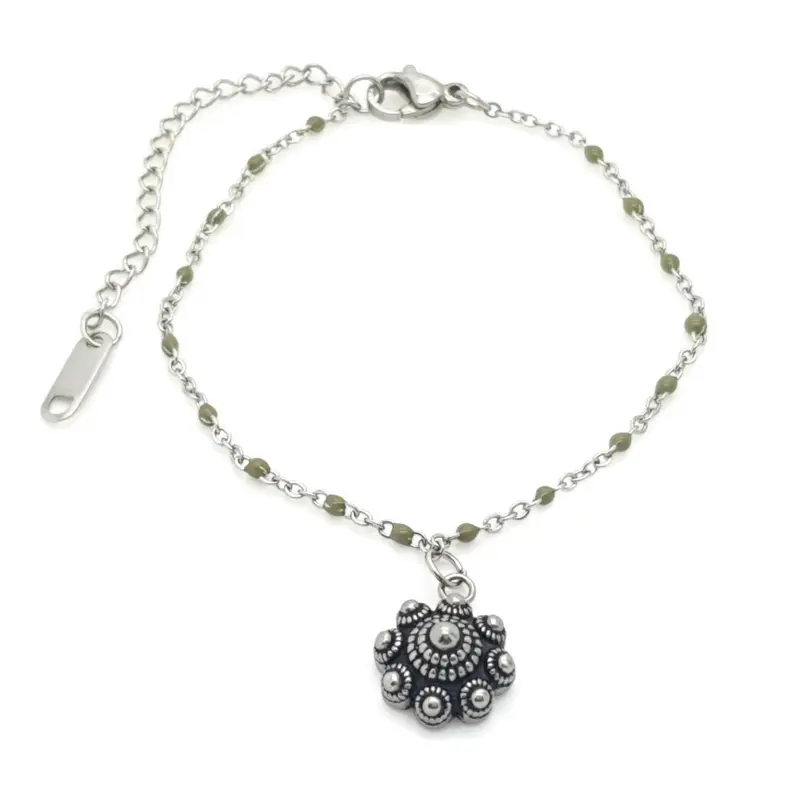 RVS Zeeuwse knop armband - Mosgroene accenten
