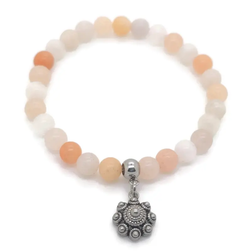 RVS Zeeuwse knop armband - Natuursteen perzik opal