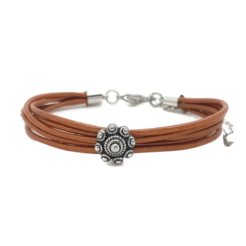 RVS Zeeuwse knop armband - Oranje metallic leer