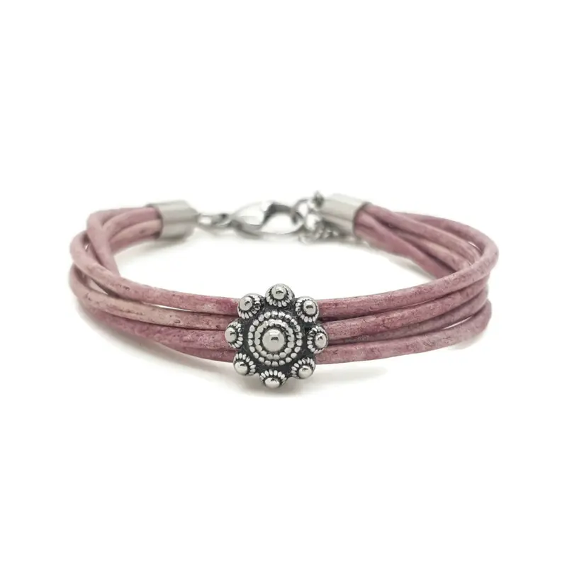 RVS Zeeuwse knop armband - Paars bewerkt leer