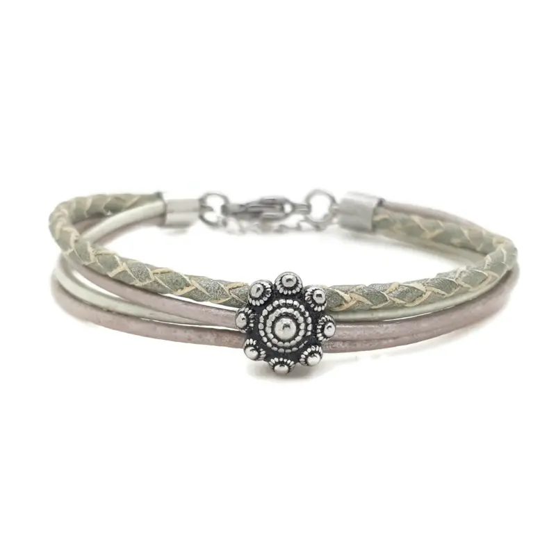 RVS Zeeuwse knop armband - Pastel groen leer