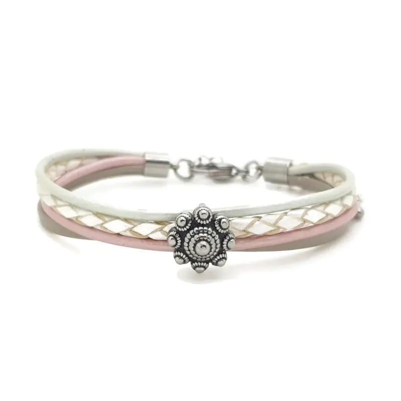 RVS Zeeuwse knop armband - Pastel zacht roze leer