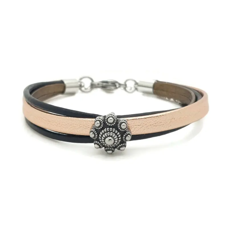 RVS Zeeuwse knop armband - Rose goud en zwart leer