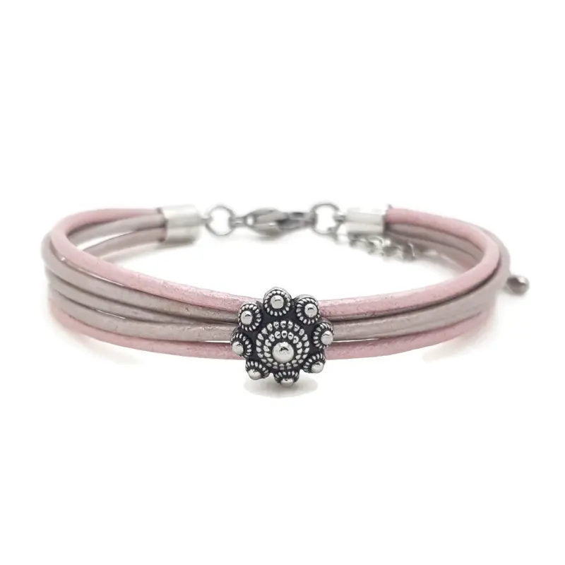RVS Zeeuwse knop armband - Roze en taupe metallic leer