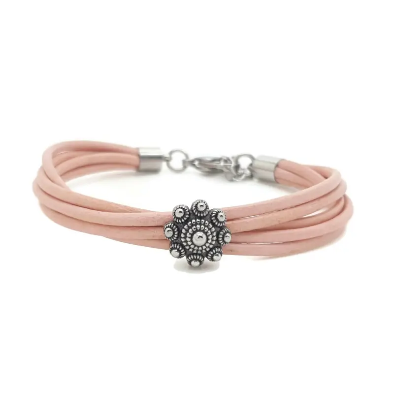 RVS Zeeuwse knop armband - Roze leer