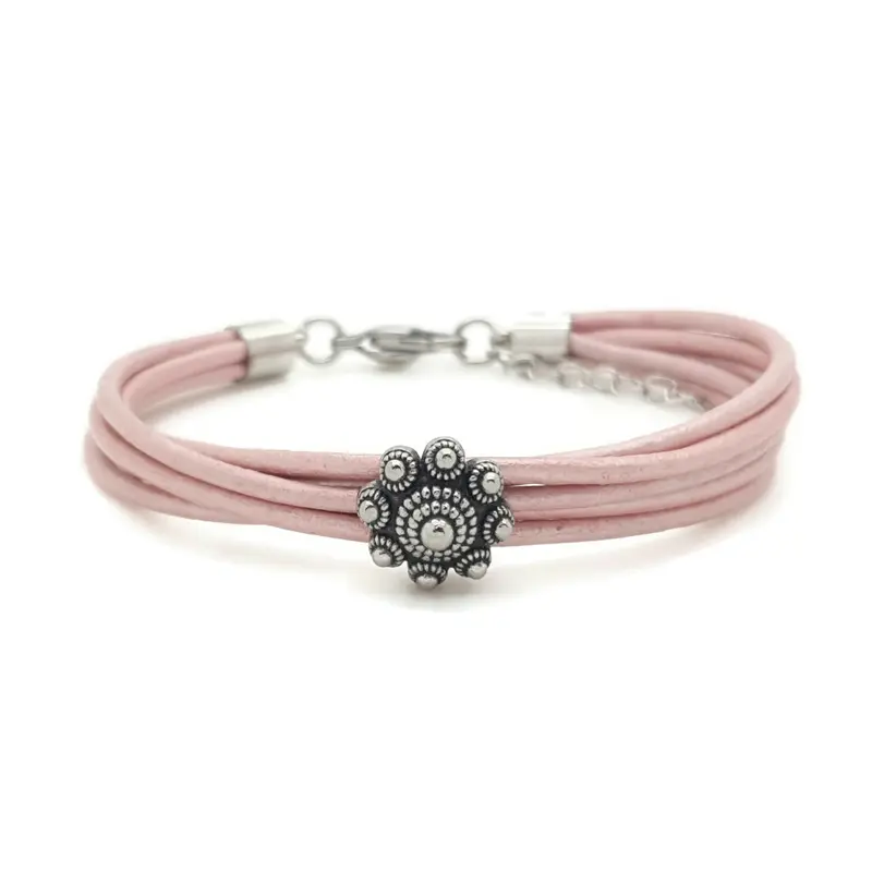 RVS Zeeuwse knop armband - Roze metallic leer